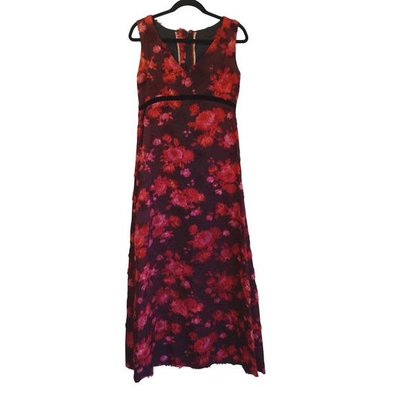 Handmade Dresses & Skirts - Vintage Handmade Red Floral Fil‎ Coupe Eyelash Maxi Dress Velvet Trim Sleeveless